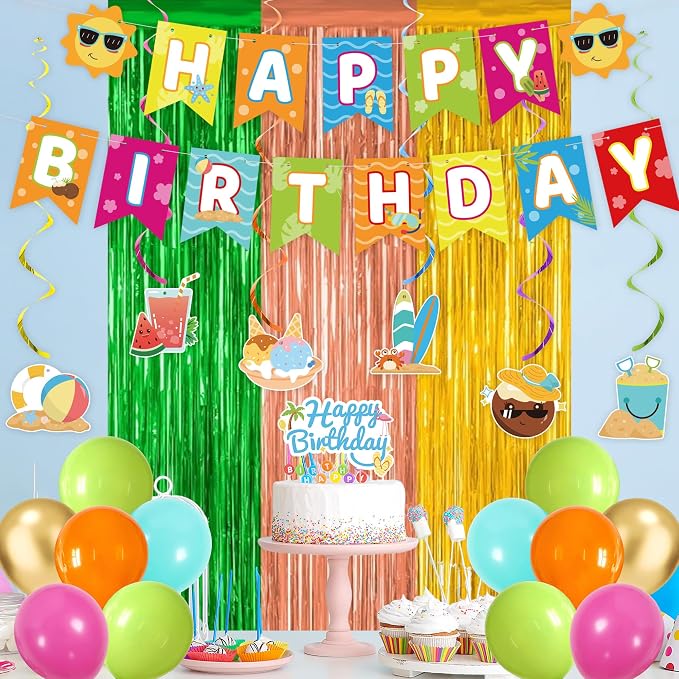 Crenics Summer Birthday Decorations - Happy Birthday Banner, Foil Fringe Curtains, Sash, Hanging Swirls, Cake Topper and Balloons for Summer Beach Theme Party Supplies