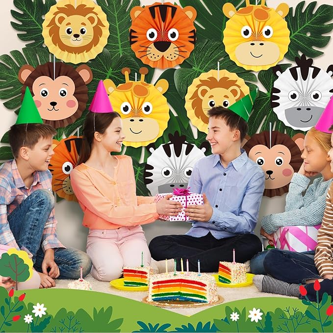 20 Pcs Jungle Animal Hanging Paper Fans Decorations, 12 Inches, Jungle Safari Animal Theme Paper Fan Ceiling Decoration for Safari Wild Zoo Baby Shower Birthday Party Decor