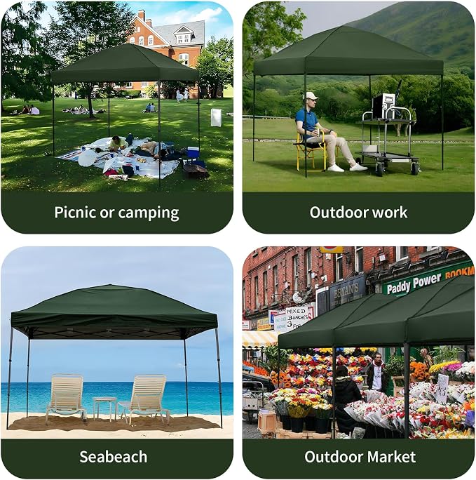 10x10 Pop Up Canopy Tent with 2 Sidewalls, Easy Up Canopy Outdoor Party Sun Shade Tent Portable Gazebo for Beach Camping Events with Carry Bag and 4 Sand Bags(Dark Green)