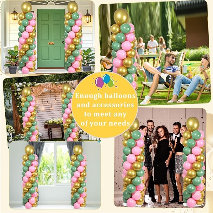 2 Sets Pink Green Gold Balloon Column Stand Kit with 100 Balloons Adjustable Balloon Tower Stand with Bases for Floor Column Kit for Wedding Anniversary Graduation Birthday Appreciation Party Decor