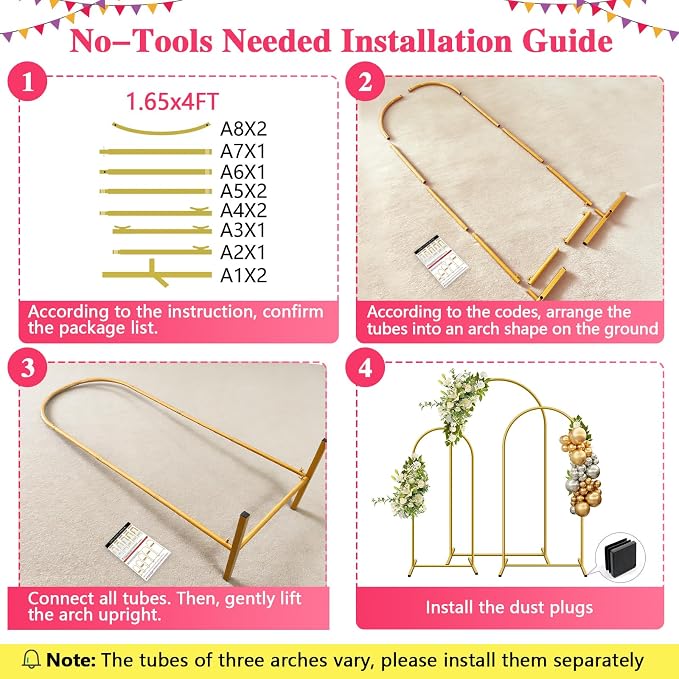 Metal Arch Backdrop Stand, Set of 3 (4ft / 5ft / 6ft) Gold Arch Backdrop with 12 Ground Nails, Stable Arched Background Stand for Wedding, Baby Shower, Birthday Party, Photography