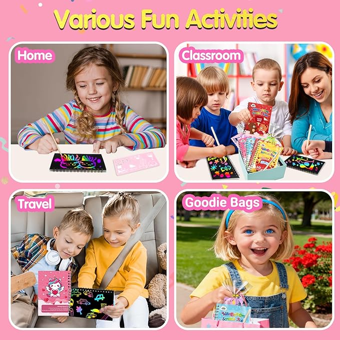 ZMLM Valentines Day Gifts Kids Classroom: 24 Pack Scratch Rainbow Art Notebook Paper, Birthday Party Favors For Kids 4-8, Bulk Goodie Bags Stuffers, Student Prizes From Teacher, Kindergarten Toy