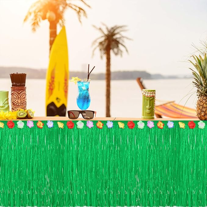 Fovths 4 Pack Luau Grass Table Skirt Natural 9 Feet x 29.5 Inch Hawaiian Table Skirt for Tropical Hawaiian Party Decorations Luau Party Costume Party, Green