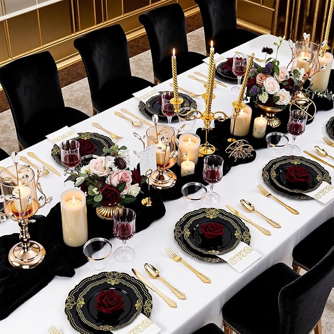 Ciaell 175 PCS Black and Gold Plastic Plates - Black Disposable Dinnerware Set with 50 Plates, 25 Knives, 25 Forks, 25 Spoons, 25 Cups, 25 Napkins for Parties and Weddings