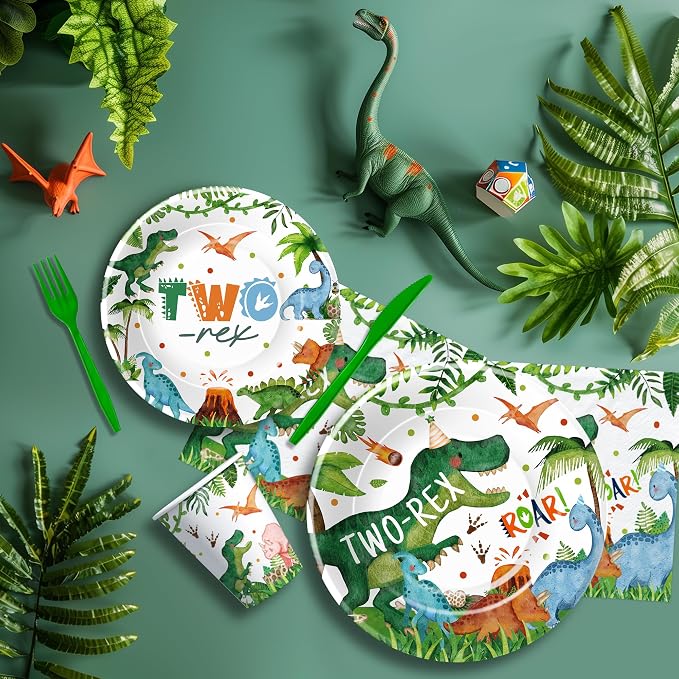 Dinosaur 2nd Birthday Party Supplies For Boy - Dinosaur Theme Dino Two Rex Birthday Decorations Tableware, Disposable Paper Plate, Cup, Napkin, Tablecloth, Cutlery | 24 Guest