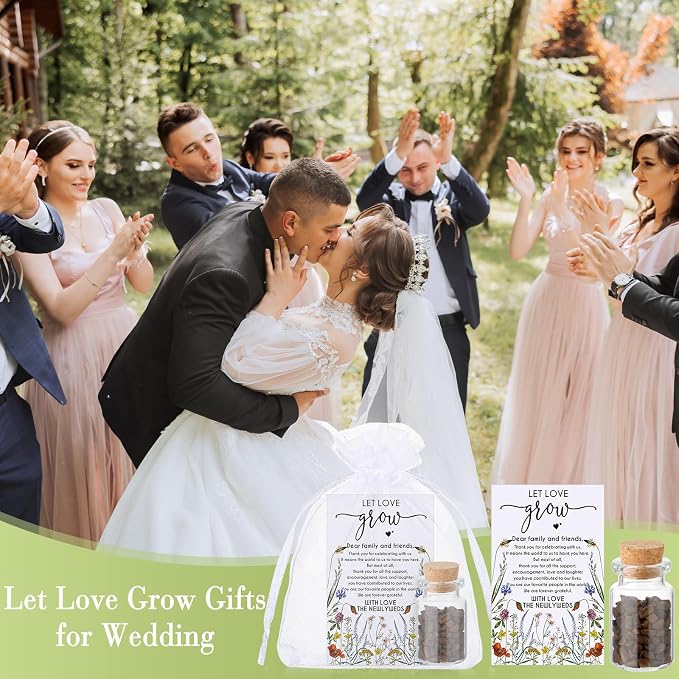 Jinei 100 Sets Let Love Grow Wedding Favor for Guests 100 Small Glass Bottles with Cork Stopper 100 Wedding Thank Cards and 100pcs Organza Bags, No Seeds
