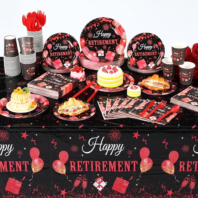 Funnymoom 452 Pcs Retirement Party Decorations Supplies Set Include Red Black Retirement Paper Plates Napkins Cups Tablecloth Cutlery Straws for Men Women Say Goodbye Party