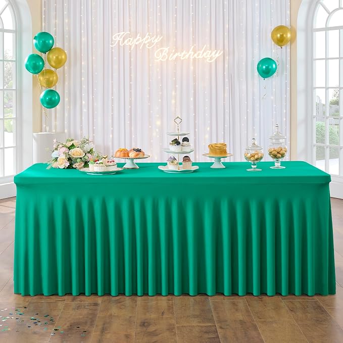 6 Pack Emerald Green Spandex Tablecloth for 8 Foot Rectangle Tables, Wrinkle Free Fitted Table Cloth Cover 8FT Green Stretchy Tablecloths with Skirt for Parties Weddings Birthday Banquet Baby Shower