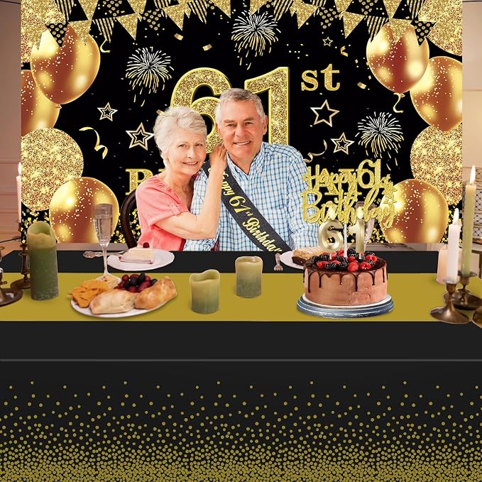 61st Birthday Decorations Men Women with 61st Birthday Banner, Black and Gold Table Cloth, Number Balloons, Large Sash, Cake Topper and Candles