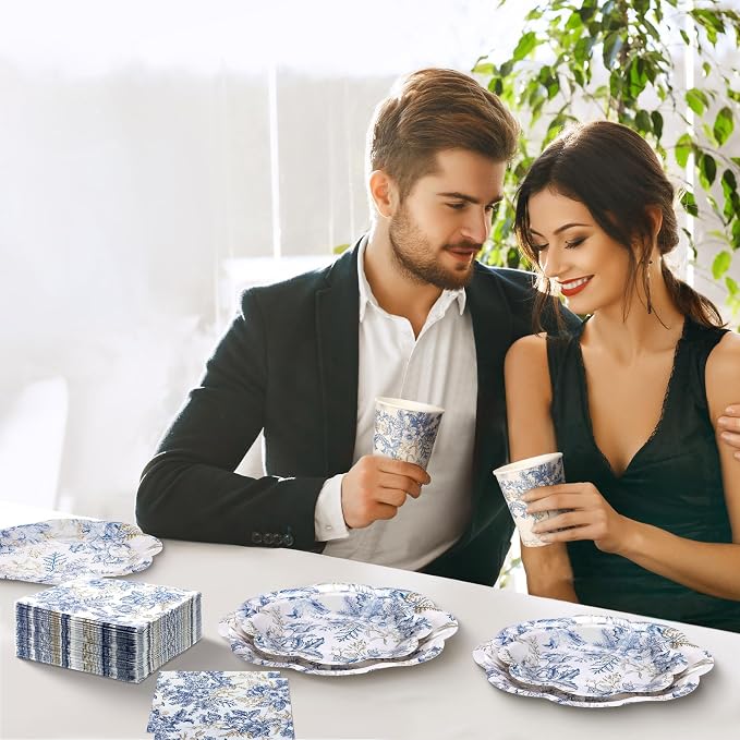 Newtay 250 Pcs Blue Floral Disposable Plates and Napkins Blue Gold Disposable Tableware Set for 50 Guests Paper Plates Napkins Cups for Wedding Bridal Shower Supplies