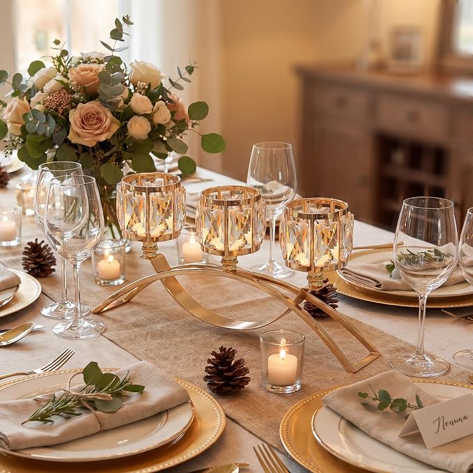 3 Arms Crystal Candle Holders, Arch Candlestick Table Candelabras Centerpieces for Wedding, Dinning Room, Cabinet Ornaments, Home Decoration, Gift (Gold, 2 Pcs-3 Arm Arched)