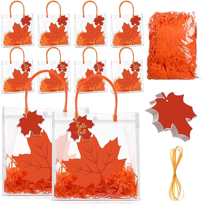 Hosuly 24 Pcs Thanksgiving PVC Gift Bags with Handles Button Reusable Clear Fall Maple Leaf Candy Treat Goodie Bags for Autumn Harvest Halloween Birthday Baby Shower Party Favors Supplies