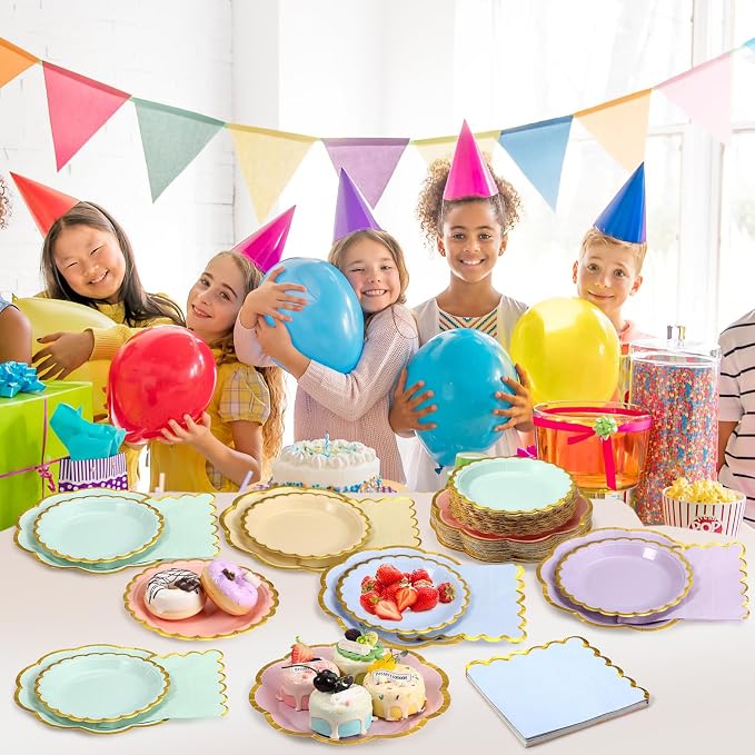 72 Pcs 24 Guests Pastel Plates and Napkins Party Supplies Pastel Scalloped Paper Plates Napkins Rainbow Disposable Tableware for Birthday Baby Shower Wedding Decorations