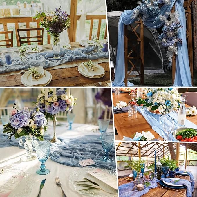 8 Pack Dusty Blue Cheesecloth Table Runner 10Ft Gauze Cheese Cloth Table Runner 35x120Inch Romantic Boho Table Runners for Wedding Anniversary Birthday Party Bridal Baby Shower Engagement Table Decor