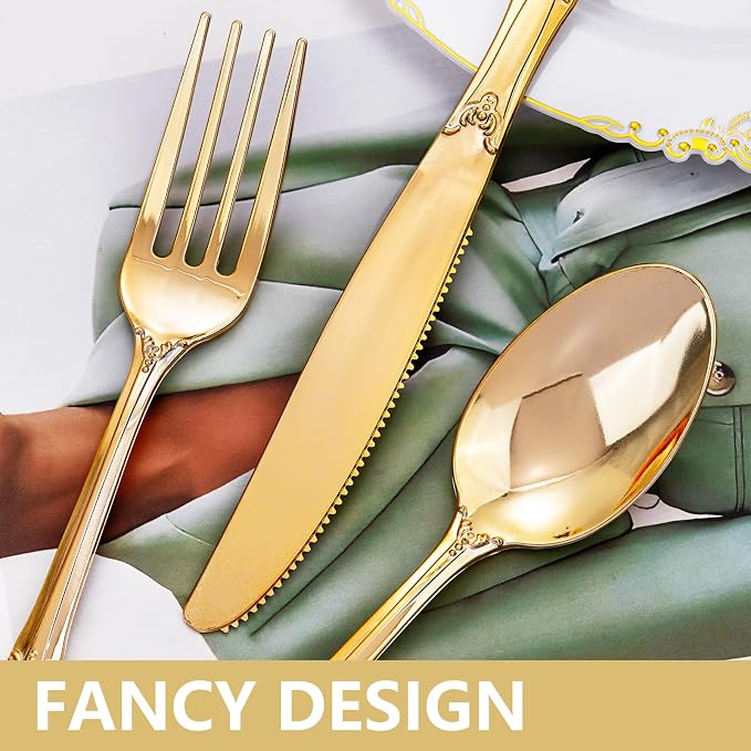 300Pieces Gold Plastic Silverware - Heavy Duty Gold Disposable Utensils - Vintage Plastic Cutlery Set Includes 100 Forks, 100 Spoons, 100 Knives for Dinner Parties Weddings