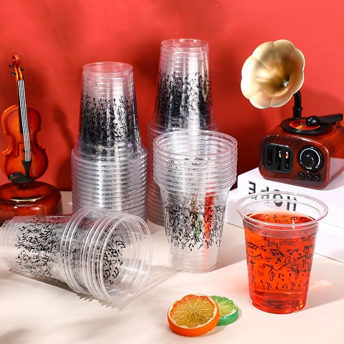 Funnymoom 60 Pack Music Notes Cup 12 oz Disposable Clear Plastic Musical Cups for Men Women Music Birthday Party Decorations Favors Wedding Anniversary