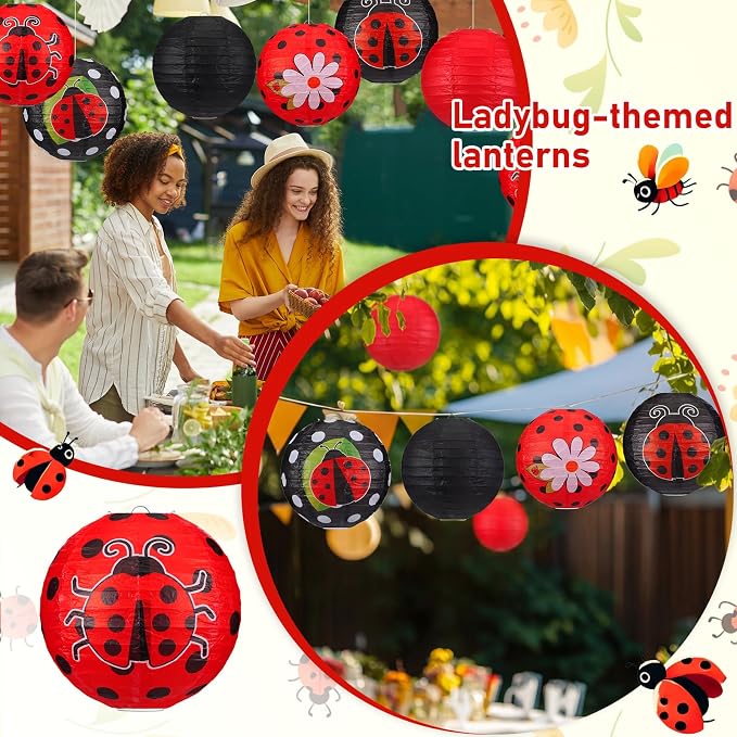 Panelee 12 Pcs Ladybug Party Decorations Paper Lanterns 8 Inch Hanging Round Paper Lanterns for Holiday Party Decorations Supplies Indoor Outdoor