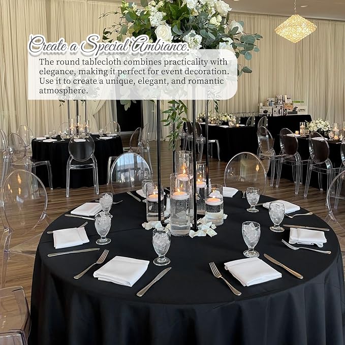 Pesonlook 10 Pack Black Round Tablecloth 120 Inch, Waterproof Polyester Fabric Table Cloth for Round Tables, Stain Wrinkle Resistant Tablecloths Washable Table Cover for Wedding Dining Party Banquet
