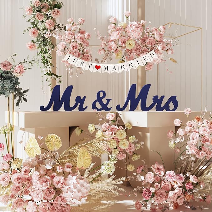 VIOPVERY Wedding Decorations Set - Large Blue Mr and Mrs Sign, Just Married Banner, Wooden Letters for Sweetheart Table, Photo Props for Anniversary
