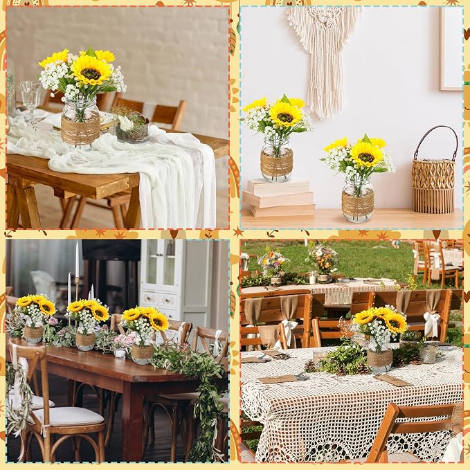 43 Pcs/ 6 Set Sunflower Mason Jar Table Centerpiece Mason Jar Vases Faux Floral with Rope Boho Rustic Flower Table Decoration for Reception Engagement Party Bridal Shower Wedding