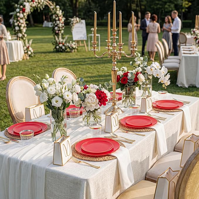 WDF 150Pcs Red Plastic Plates - Red Plates Disposable - 25Guest Christmas Dinnerware Include 25 Dinner Plate, 25 Dessert Plate, 75 Cutlery & 25 9oz Cups for Baby Shower Wedding Spring Mother's Day
