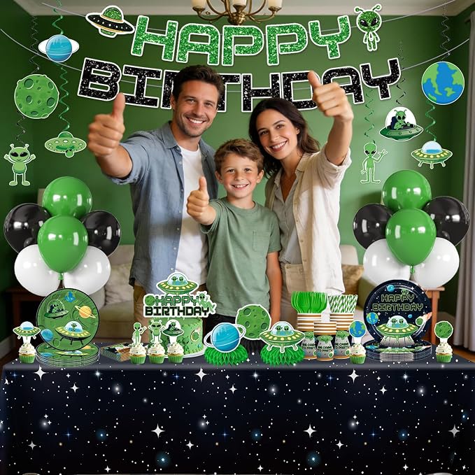 Xynic 205pcs Alien Birthday Decorations Complete Party Set, Serves 25 guests, Alien Birthday Party Decorations, Outer Space theme party supplies, includes Banner Cake Decor Plates Napkins Tablecloth