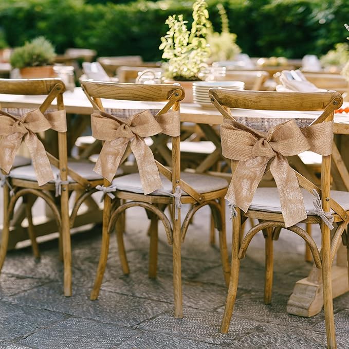 SmoothNovelty 24 Pcs Burlap Chair Sashes for Wedding Natural Jute Bow Ribbon Ties for Rustic Country Wedding Decoration Farmhouse Vintage Party Reception Birthday Anniversary Banquet, 3.9inch x 7.87ft