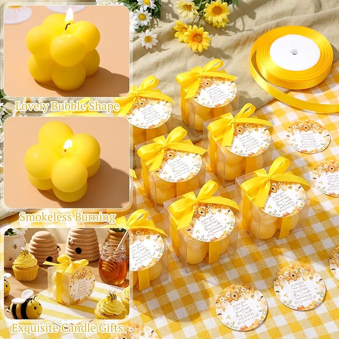 MTLEE 24 Sets Bee Baby Shower Favors Party Candle Small Bubble Candle Baby Shower Favors for Guests Tea Candles Bulk with Stylish Ribbons Cards Gifts (Yellow, Bee)