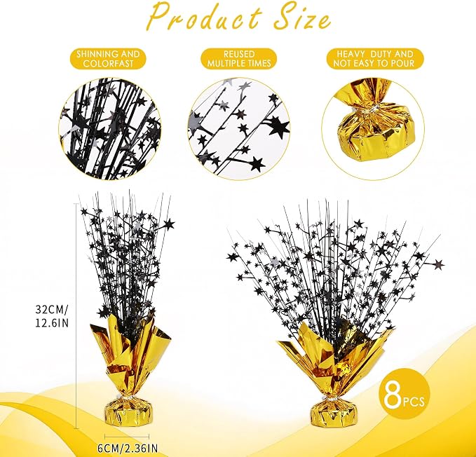 8 Pack Metallic Star Spray Centerpieces for Tables - Bulk 12.4" Foil Fountain Table Decorations for Large Events, Graduation 2026, Wedding Reception (Glod Black)