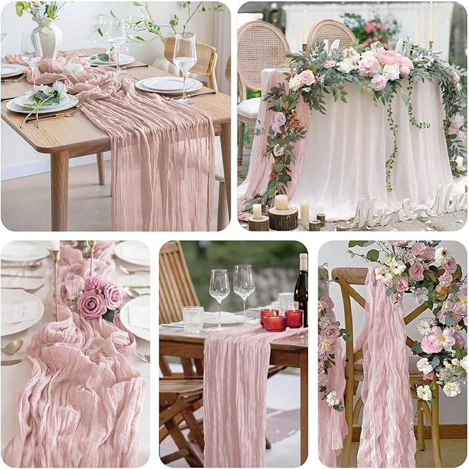 8 Pack Dusty Pink Valentine's Day Cheesecloth Table Runner 21x120 Inch Gauze Table Runners Reusable Polyester 10ft Boho Rustic Cheese Cloth Table Runner for Wedding Party Baby Shower Birthday