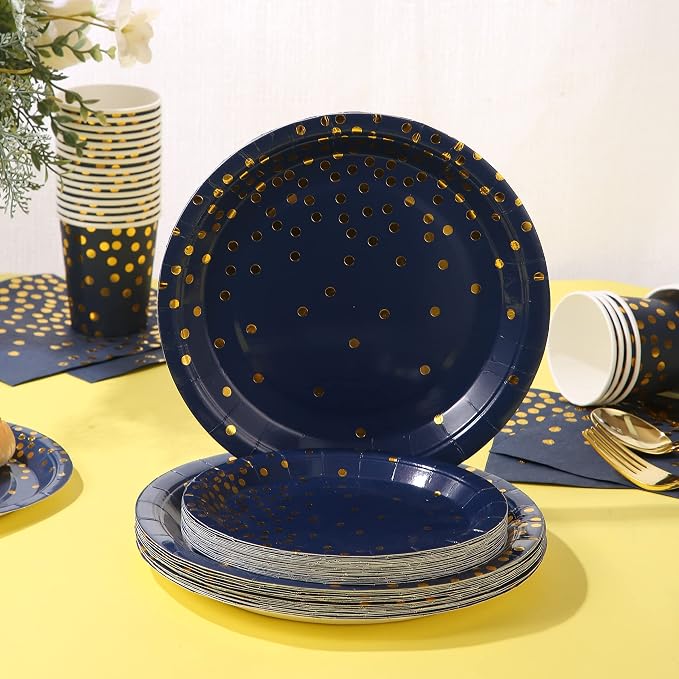168Pcs Navy Blue Plates and Napkins Party Supplies, Blue Paper Plates Serve 24, blue and Gold Party Decorations, for Birthday, Fathers Day, Graduation, 4th of July