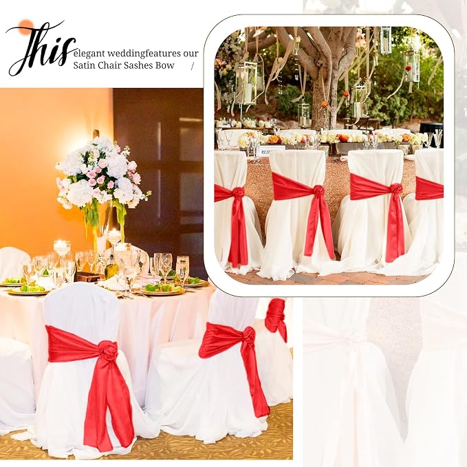 Pesonlook 60 PCS Red Satin Chair Sashes Bows Satin Chair Sashes Universal Chair Cover for Wedding Reception Restaurant Event Decoration Banquet,Party,Hotel Event Decorations (7 x 108 inch)