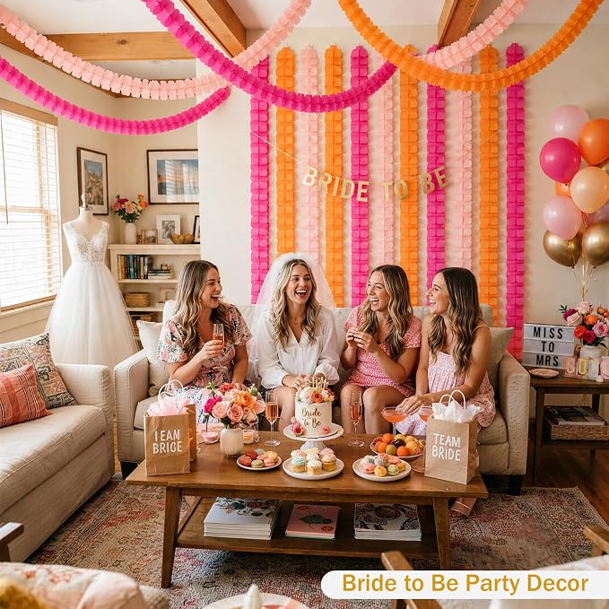 Hot Pink and Orange Party Decorations, 12Pcs 4-Leaf Paper Streamers | Paper streamer garlands for sunset parties, citrus spritz themes, birthdays, weddings, baby showers and bachelorette parties