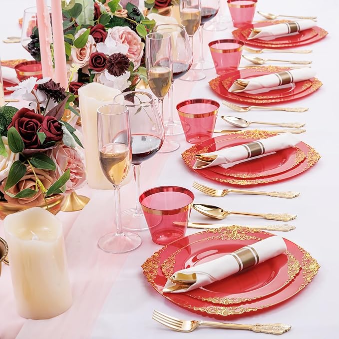 Nervure 175PCS Red Plastic Plates - Disposable Red Gold Party Plates & Pre Rolled Napkins with Cutlery for 25 Guests, 50Plates, 75Silverware, 25Cups, 25Napkin for Wedding & Party & Mothers Day
