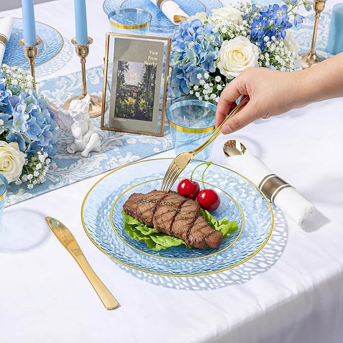 Rubtlamp 100Pcs Blue Gold Plastic Plates, Blue Disposable Plates With Gold Rim, Hammered Plastic Plates Include 50 Dessert Platos, 50 Dinner Platos for Party