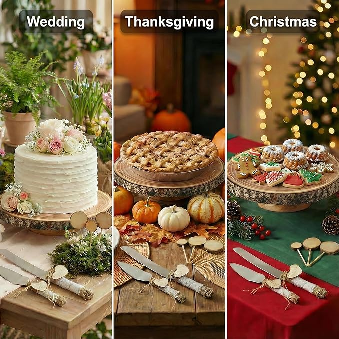 Relaxing Garden Customizable 12 Inch Rustic Wood Cake Stand Set with Bark Edge, Cake Knife & Server + Blank Wood Slice Topper โ Cake Display for Weddings, Birthdays, Showers & Holiday Celebrations