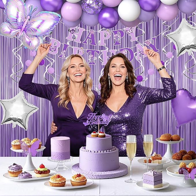 19th Purple Birthday Decorations for Women, Purple Pink 19th Birthday Decorations Butterfly Theme Lavender Party Decor Set with Number Balloons, Banner, Sash, Butterfly Stickers