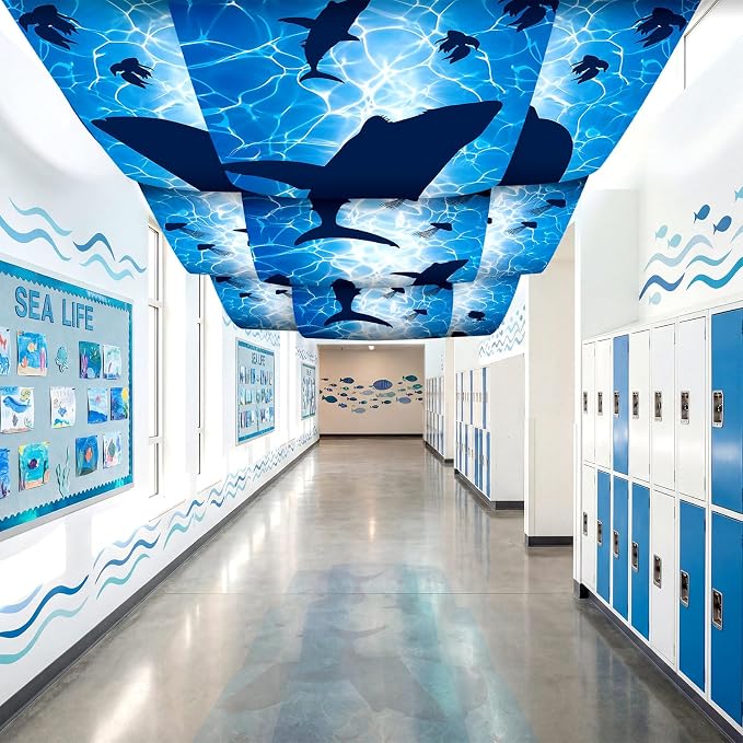 Feifeiya 3 Pcs Under The Ocean Classroom Ceiling Decor 24 Inch x 12 ft Summer Whale Birthday Party Decor VBS 2026 Under The Sea Ceiling Cover Shark Banner for Preschool Kindergarden School Daycare