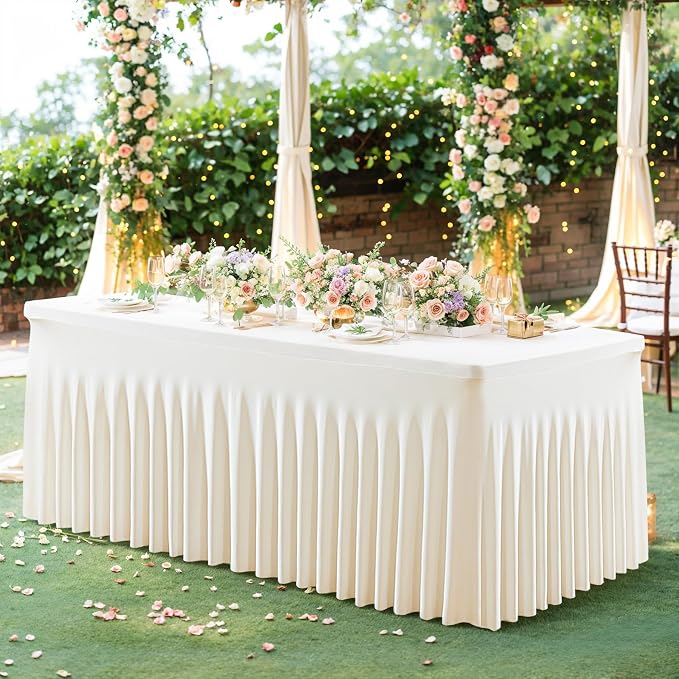 4 Pack Ivory Table Cloth for 8 Foot Rectangle Tables Spandex Fitted Tablecloth 8ft Stretch Table Covers Skirt Ivory Banquet Tablecloths Wrinkle Free Tablecloth for Party Wedding Birthday Event