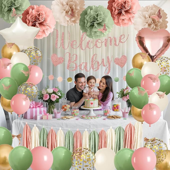 Baby in Bloom Baby Shower Decorations, Sage Green Dusty Blush Pink Gold Sand White Latex Confetti Balloons with Banner Cake Topper Pom Poms Tassel for Girls Boho Fairy Floral Birthday Party Decoration