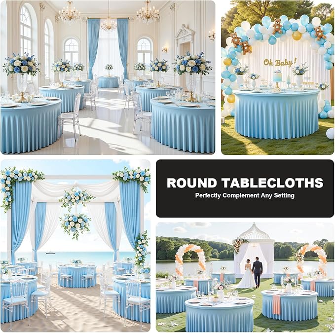 60 Inch Baby Blue Round Tablecloth - Stretch Spandex Fitted Table Cover with Elastic Skirt Edge, Wrinkle-Free & Reusable for 5FT Tables Wedding Banquet Party Birthday Buffet