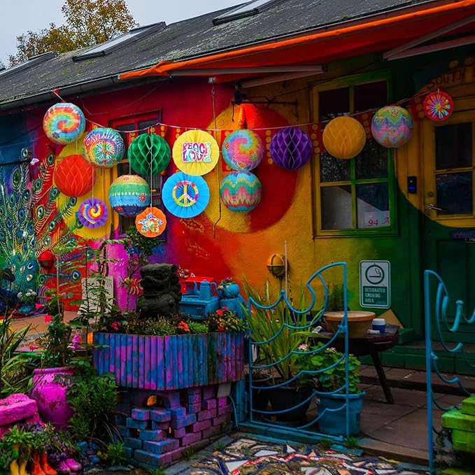 Retisee 18 Pcs 70s Hippie Party Decorations Hanging Paper Lanterns Tie Dye Groovy Honeycomb Tissue Groovy Retro Flower Peace Sign Paper Fans for 60s 70s Birthday Party Decoration (Hippietie, Tie Dye)