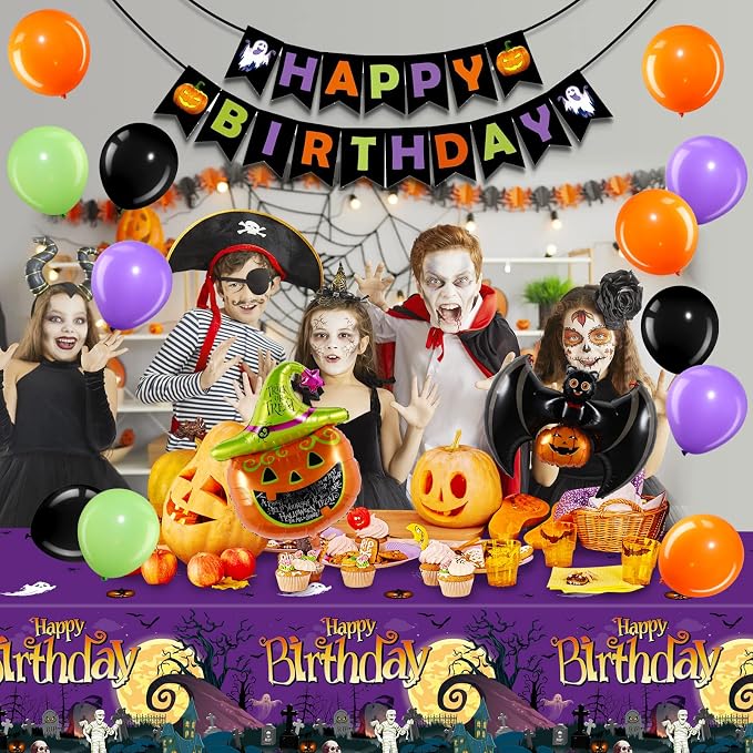 Halloween Birthday Party Decorations, 102 Pcs Halloween Happy Birthday Banner, Confetti Pumpkin Cat Bat Balloon Arch Foil Fringe Curtain and Tablecloth for Kids Party Supplies