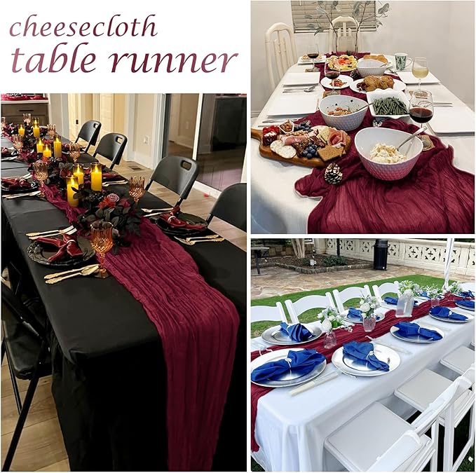 25 Pack Burgundy Red Cheesecloth Table Runner 17 x 108 Inch Gauze Table Runner Fabric Semi Sheer Cheese Cloth Table Decor Bulk for Rustic Romantic Wedding Baby Shower Table Decoration