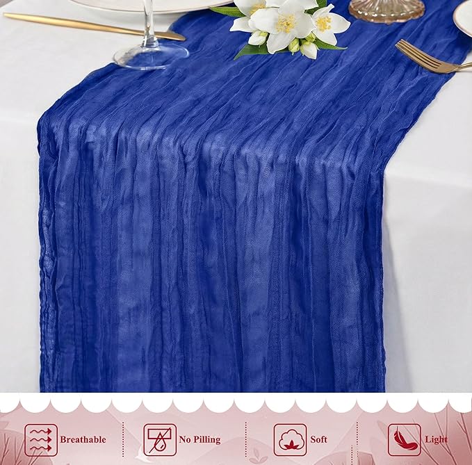 20 Packs Cheesecloth Table Runner 10FT Long Boho Gauze Fabric Table Runner Vintage Rustic Sheer Runners for Wedding Party Bridal Baby Shower Table Decorations (Royal Blue)
