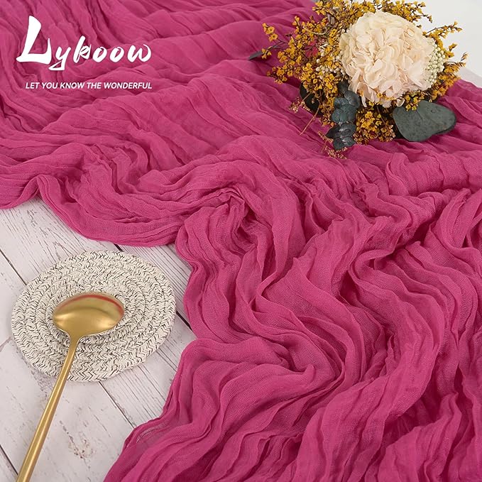 10 Packs Cheesecloth Table Runner, 10Ft x 35" Rose Red Rustic Gauze Boho Wedding Table Decor, Hot Pink