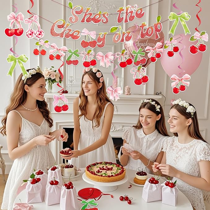 SUNBEAUTY Cherry Party Decorations Cherry On Top Baby Shower Decorations Cherry and Bow Hanging Banner for Birthday Bachelorette Bridal Shower Wedding Party Supplies