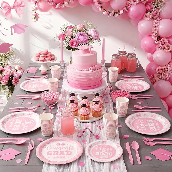 Funnymoom 400 Pcs Pink Bow Graduation Party Supplies, Coquette 2026 Congrats Grad Paper Plates and Napkins Cups Set with Spoons Forks Knives, Class of 2026 Tableware Set for Grad Party Decorations