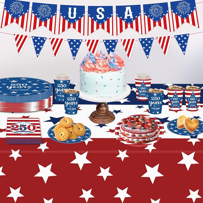 250th Anniversary USA Merchandise, 4th of July Decorations, Patriotic Party Supplies for Independence Day, Tablecloth, Plates, Napkins, Cups, Banner for 4th of July, 24 Guests