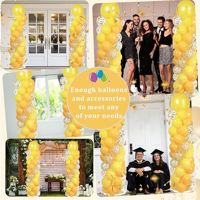 2 Sets Golden Yellow Balloon Column Stand Kit with 100 Balloons Adjustable Balloon Tower Stand with Bases for Floor Confetti Balloons Column Kit for Graduation Birthday Appreciation Party Decor